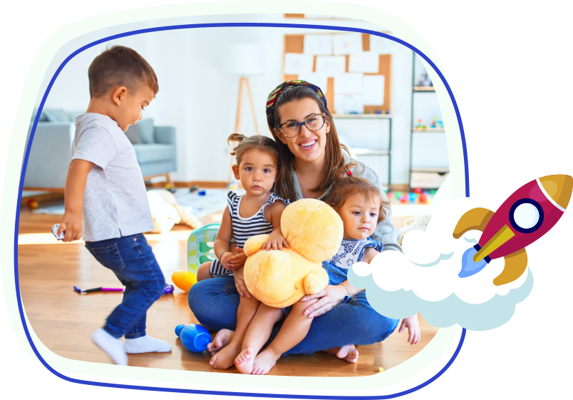 woman smiling with kids around him